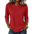 thumbnail image 2 of Womens Tops 3/4 Sleeve Shirts Round Neck Loose Casual Blouses Solid Color Tshirts Red 2XL, 2 of 6