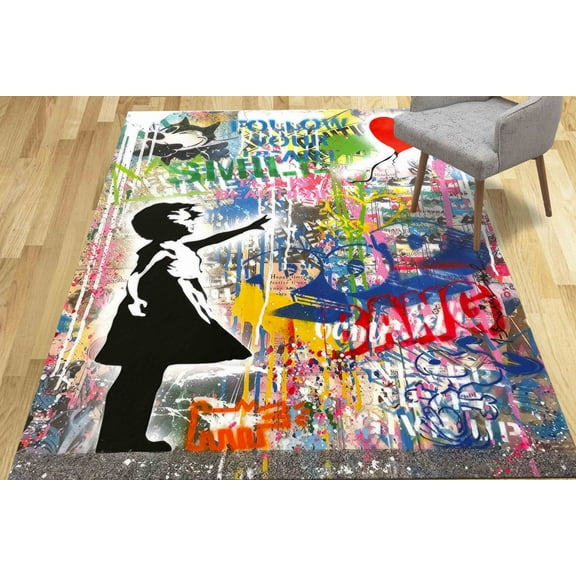 Banksy Girl Graffiti Rug, Famous Rugs, Housewarming Gift Rugs, Red Balloon Rug, Famous Rug, Thick Rug, Home Decor Rugs, Front Door Rugs, 1.7'x2.3' - 50x70 cm