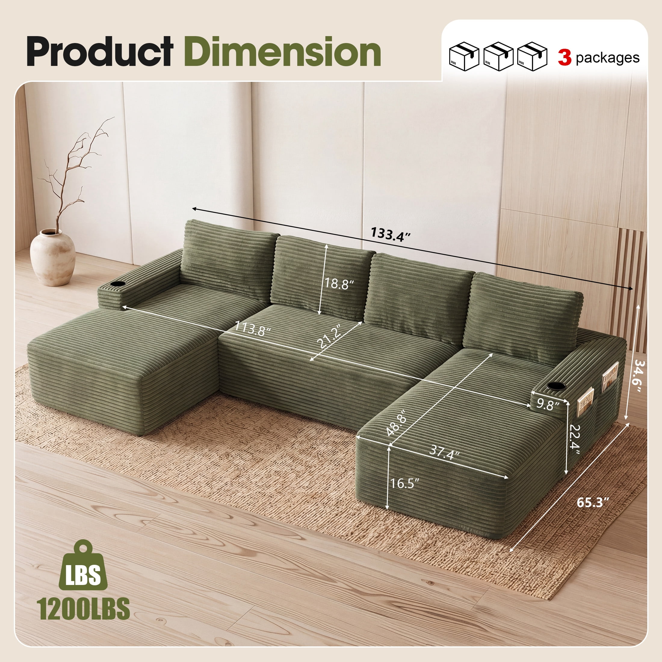 Aenkyo 133 in U-Shaped Cloud Corduroy Sectional Sofa with Cup Holders for Living Room, Green