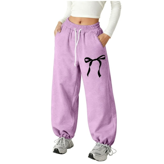 Girls Grey Sweatpants Preppy Clothes For Girls 10-12 Cute Bow Print Joggers for Girls, Lightweight Baggy Sweatpants with Drawstring Waist & Pockets