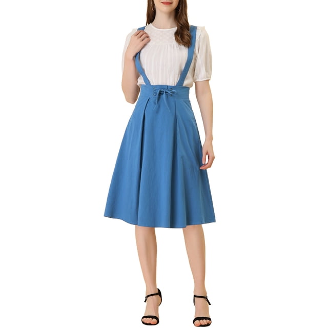 Unique Bargains Jupe Midi Plissée à Bretelles Rétro à Taille Élastique pour Femme, Bleu Lac, S