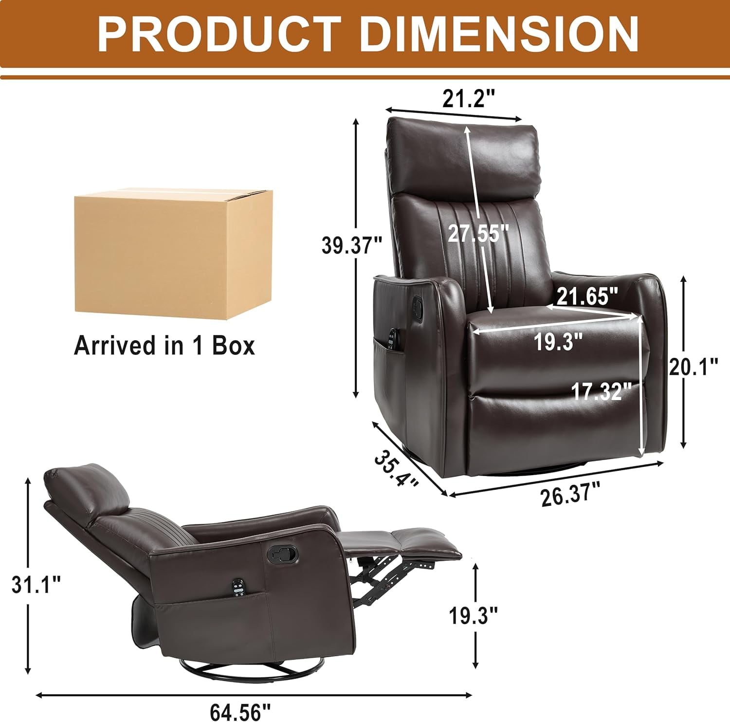 Ywen Manual Swivel Rocker Recliner Chair for Adults, Overstuffed Recliner Glider with Massage and Heat, Living Room Reclining Chair, PU Leather Dark Brown