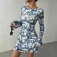 thumbnail image 2 of Dresses,Blue Floral Print Short Dress,Long Sleeve Bell Sleeve with U-Back Design, White Base Casual Party Dress, 2 of 7