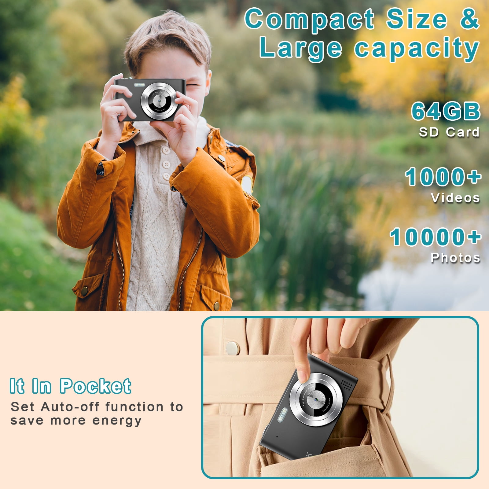 Digital Camera, Camera for Kids, UHD 4K 48MP Point and Shoot Digital Cameras with 64GB SD Card and 16X Digital Zoom Anti Shake, Compact Portable Small Gift for Boys Girls Students, Black
