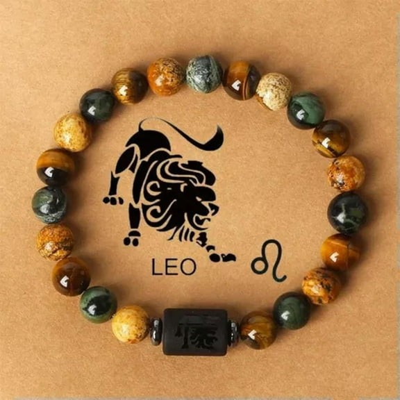 GKNET Coffee 12 Constellations Zodiac Natural Stone Beaded Bracelet Elastic Birth Gift-Leo