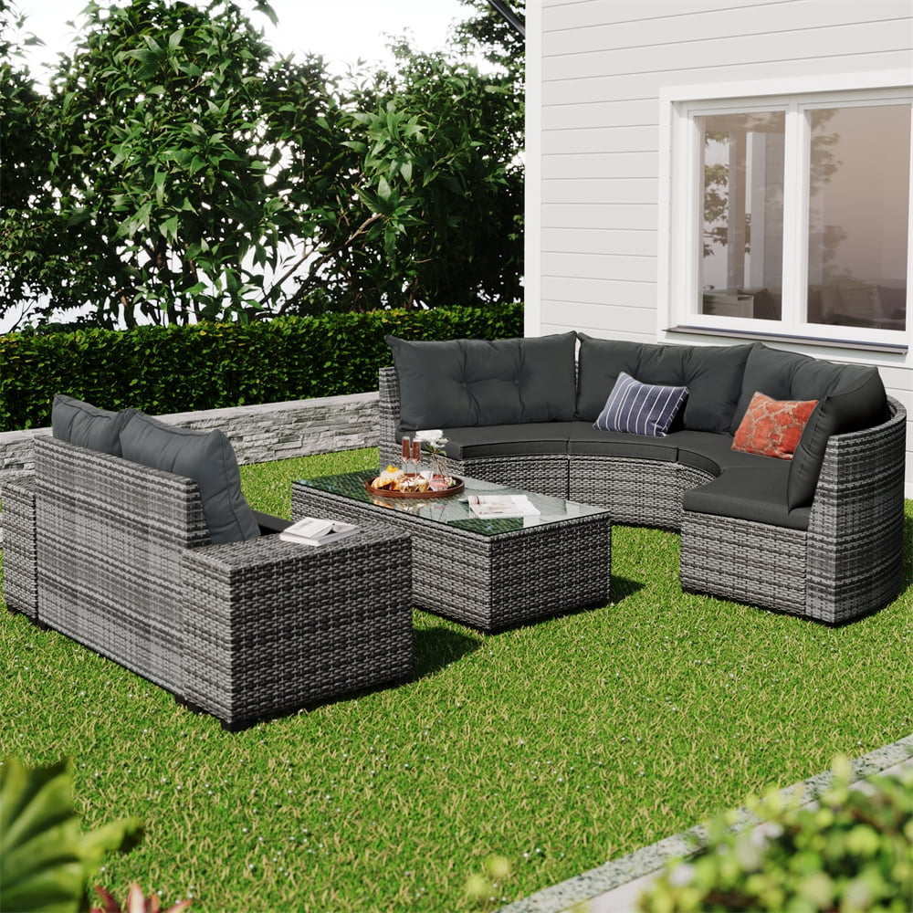 8 Pieces Outdoor Wicker Round Furniture Set, All Weather Half-Moon Sectional Patio Sofa Sets with Rectangular Coffee Table, Gray