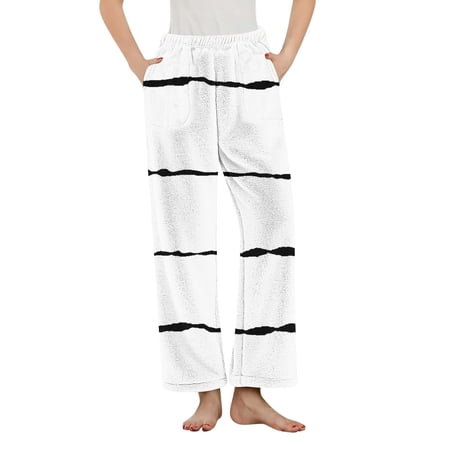 JGGSPWM Women s Fleece Pajama Pants High Waist Straight Pant Winter Warmth Comfy Sleep Bottoms Fashion Soft Lounge Pants White M