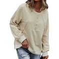 thumbnail image 6 of TWZH Women Buttons Decor Crew Neck Solid Patchwork Sweatshirt Top, 6 of 7