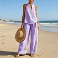 thumbnail image 5 of Karymi Womens Workout Tops 2 Piece Gingham Linen Blend Outfit Set, V Neck Sleeveless Loose Pullover Tank Top+Elastic High Waist Wide Leg Pants with Pockets Womens Tops, 5 of 7