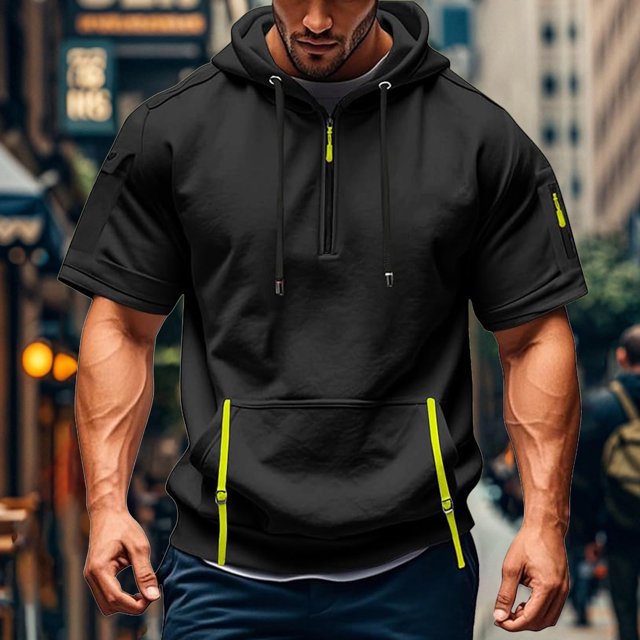 pstuiky camisetas para hombre, Camisa de verano de manga corta con capucha y cremallera con múltiples bolsillos para hombre camisas casuales para hombre xl