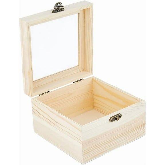 Wooden Box with Clear Lid Square Unfinished Small Wood Gift Boxes 15x15x9.5cm Wood Craft Box with Window for Jewelry Storage Gift Packaging Home Decorations diy