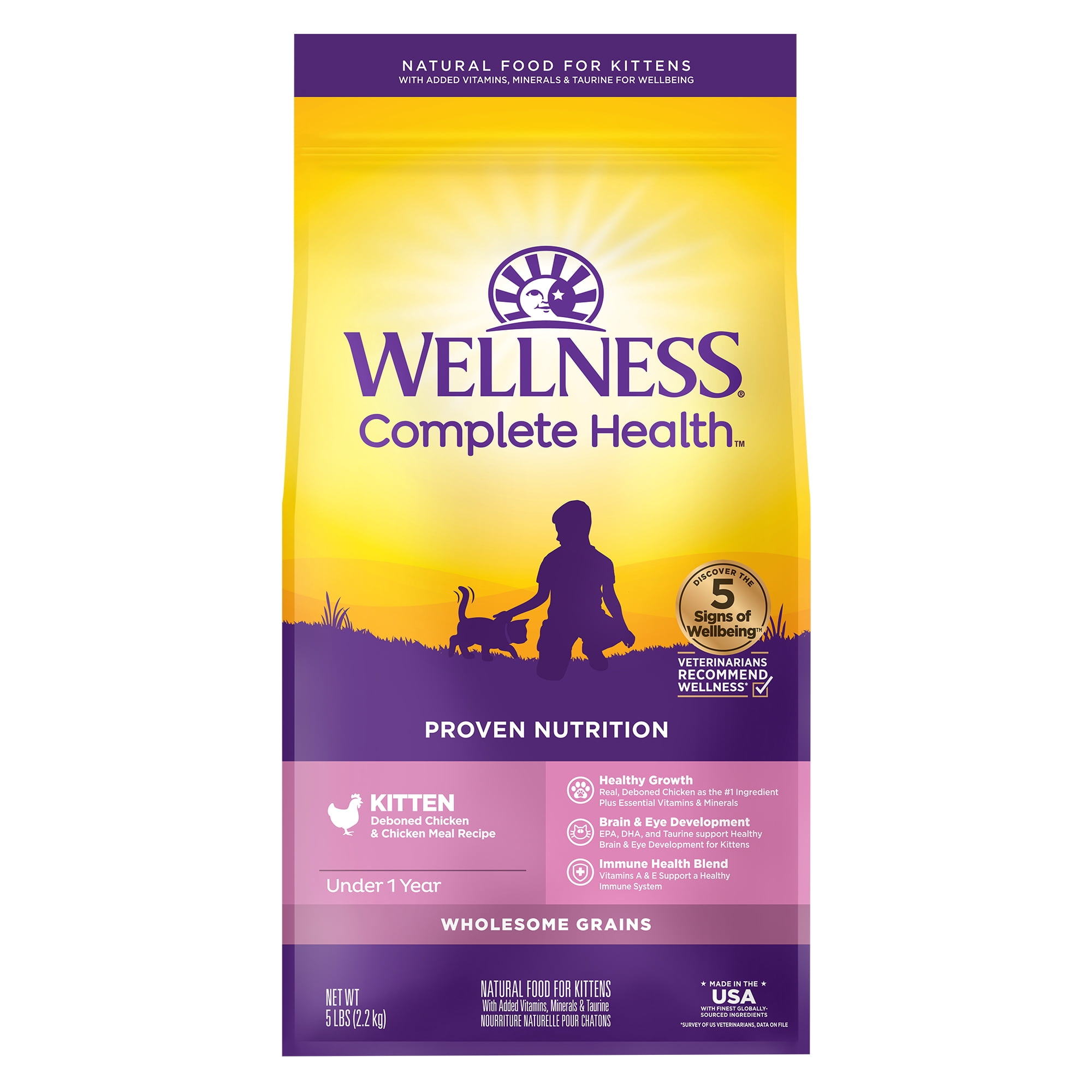 Wellness Complete Health Kitten Dry Cat Food for Indoor & Outdoor Cats, Wholesome Grains, Natural, Original Turkey, Turkey Meal and Chicken (5 Pound Bag)