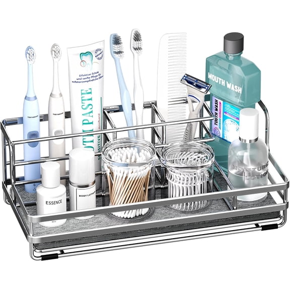 EISRUNGF- Toothbrush Holders for Bathroom - 5 Partitions Bathroom Counter Organizer with Instant Drying Stone, Stainless Steel Countertop Storage Electric Toothbrush Toothpaste Holder - Silver