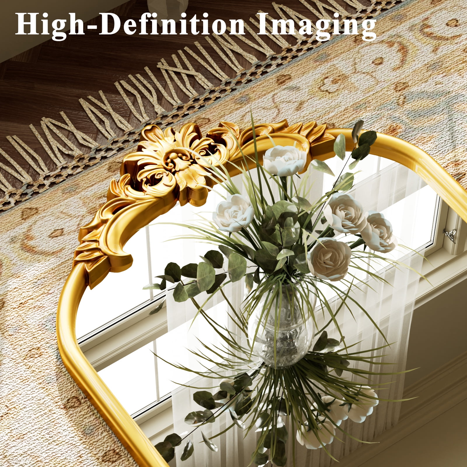 Easy4Home 71"x32" Arched Full-Length Floor Mirror Smooth Arch Top Floral Crest Standing Mirror, Bright Gold