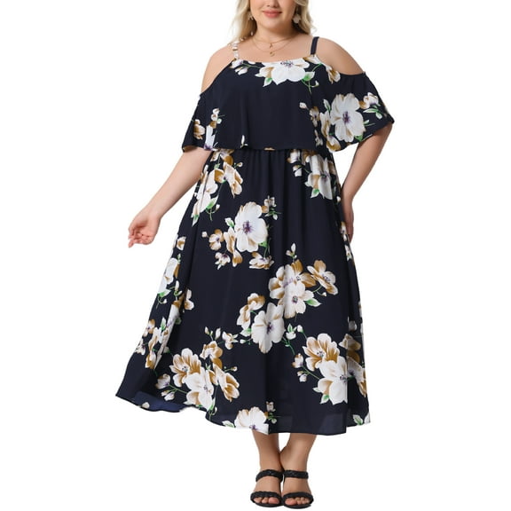 Agnes Orinda Women's Plus Size Floral Dresses Square Neck Adjustable Strap Cold Shoulder Beach Casual Maxi Sundress 1X Navy Blue