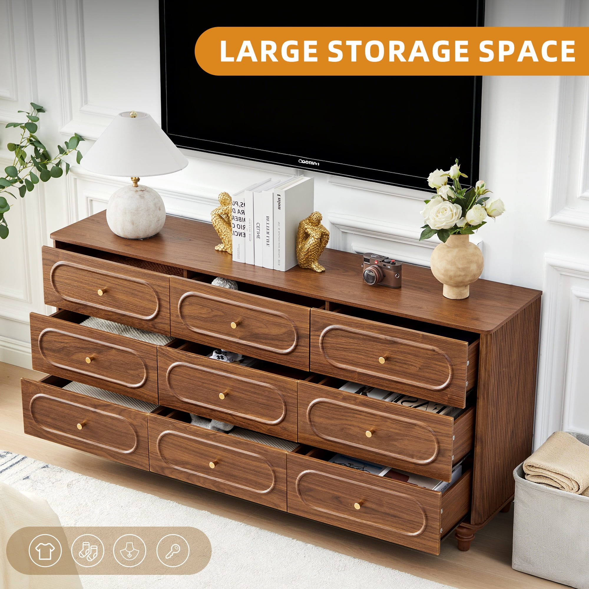 Weselon 9 Drawer Fluted Dresser for Bedroom, Mid Century Chest of Drawers with Arc Edge, Wood Storage Large Dresser Organizer for Bedroom Living Room Hallway Closet, brown