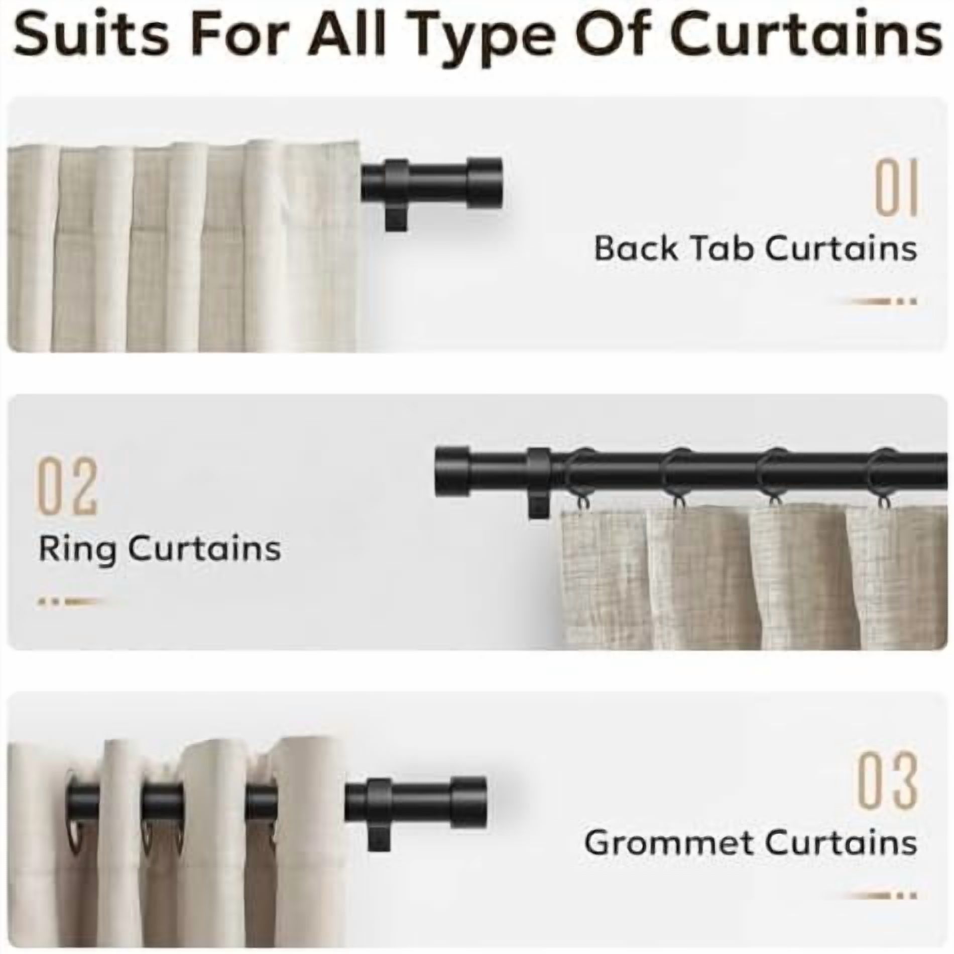 Curtain Rods for Windows 48 to 84, Black Curtain Rod, Adjustable 1 Inch Heavy Duty Outdoor/Indoor Modern Drapery Pole, 32"-86"