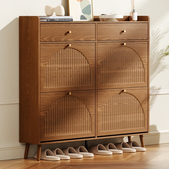 Kromapolis Shoe Storage Cabinet for Entryway with 4 Flip Drawers, Narrow Shoe Organizer with Fluted Panel, Freestanding Wood Hidden Shoe Cabinet with 2 Drawers for Entryway, Hallway, Foyer, Walnut