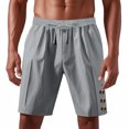 thumbnail image 1 of pstuiky Pantalones cortos para hombre, Pantalones cortos de lino con cintura elástica y botones de color liso para hombre, versátiles y a la moda. Pantalones cortos de entrenamiento, 1 of 9