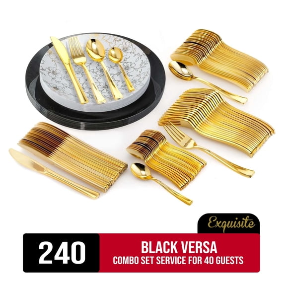 Exquisite 240 Piece Black Versa Plastic Combo Set | Serves 40 Guests