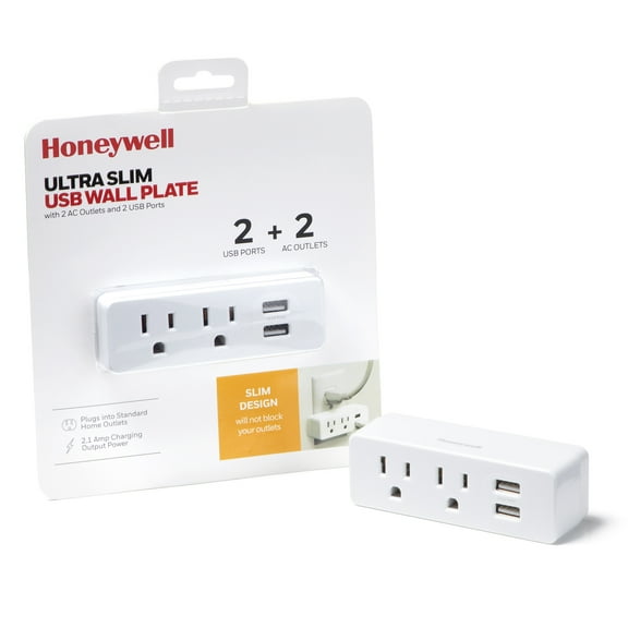 Honeywell Slim USB Wall Plate 2 AC Outlets, 2 USB-A Charging Ports, 2.1 A