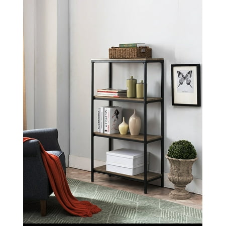 Grey Wood Bookcase Kinley Gray Wood & Black Metal Frame Industrial Style 4 Tier Shelf Storage Bookcase Home & Office Organizer Display Unit ()