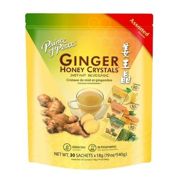 Prince of Peace Ginger Honey Crystal Assorted (Lemon, Turmeric, Matcha), 30 sachets