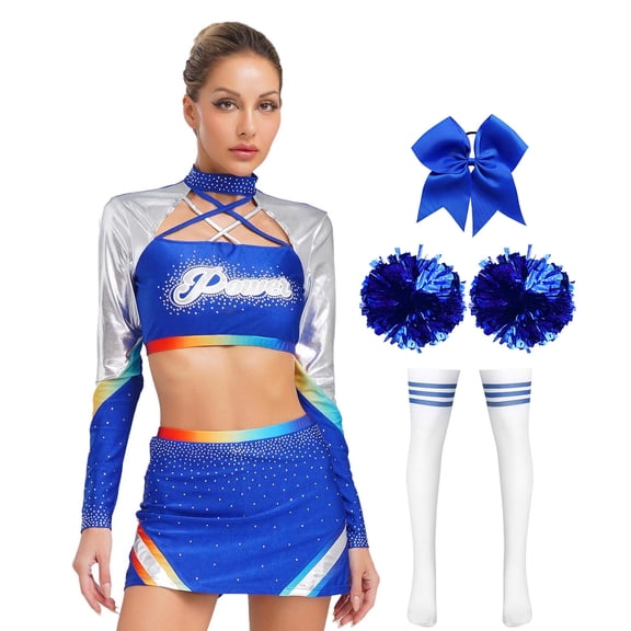 Hansber Women's Cheerleading Outfits Cheer Uniform Dance Dress Rave Music Festival Stage Performance Complete Set Royal Blue XXL