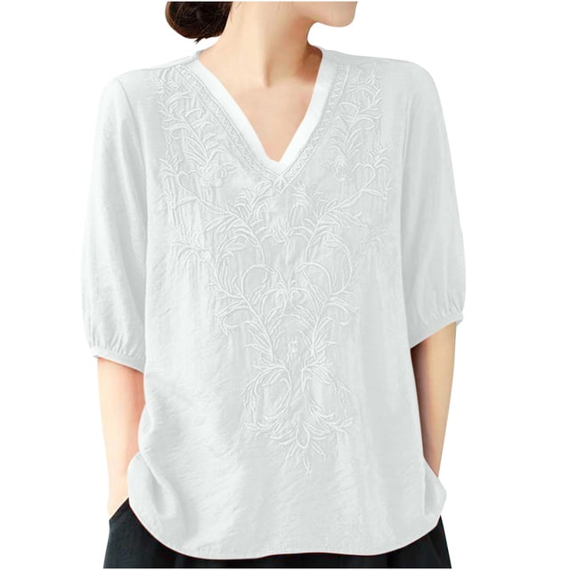 fheaev Chemise en Coton et Lin pour Femmes Hauts de Sortie Mode d'Été pour Femmes Manches Raccourcies Col Rond Ligne en Coton Chemise Ample Blouse