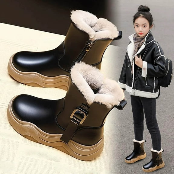 BFHHYA Girls' Leather Snow Boots Waterproof Soft Plush Lining Mid Calf Boots Side Zipper Martin Boots for Outdoor Play & Family Trips