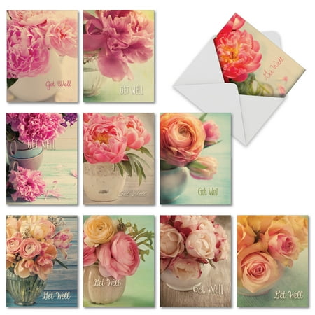 'M6553GWB-B1x10 Full Blooms - Get Well - 10 Assorted Get Well Cards Feel Better with Envelopes by The Best Card