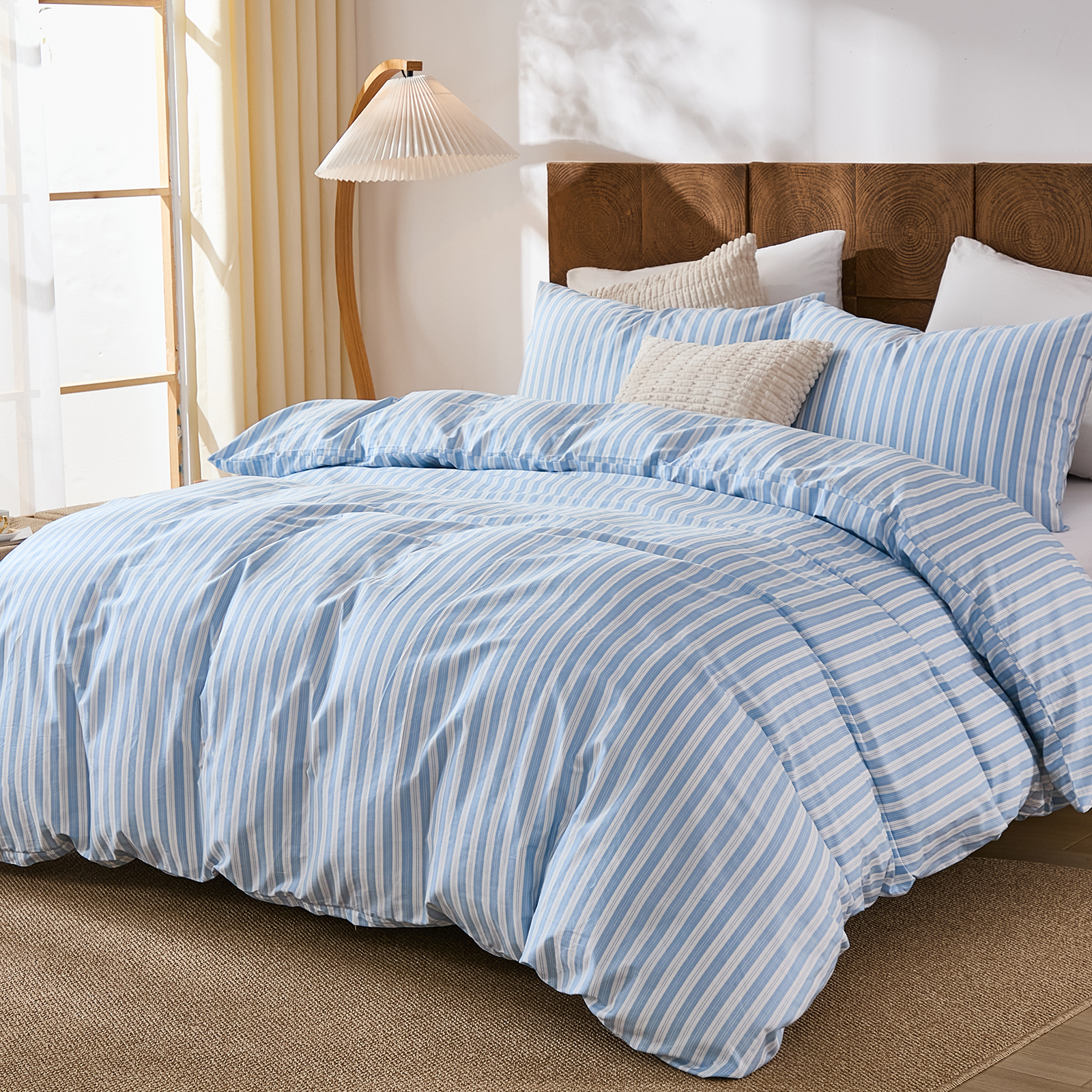 Brown Striped Duvet Cover Set Queen Size, 100% Natural Cotton Linen Like Duvet Cover Set with Zipper Closure & 8 Corner Ties, Brown Khaki Soft Reversible Bedding for All Seasons