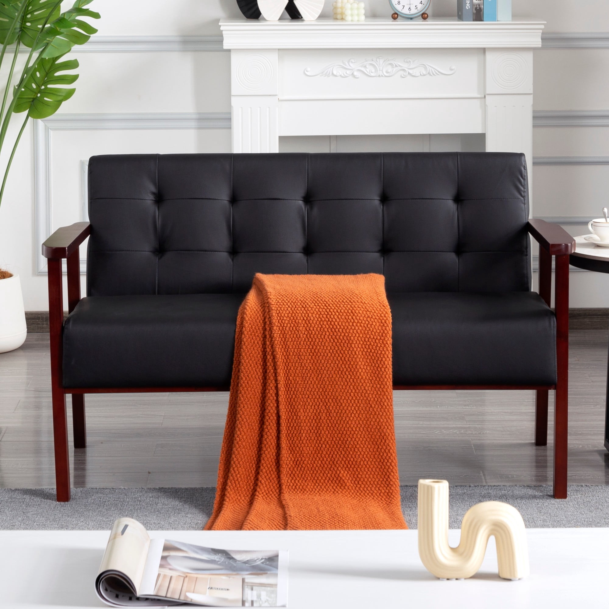 Gewnee Cedar Wood Loveseat, Black PU Upholstery, Tufted Back, 300LBS per Seat, Non-Slip Pads, for Living Room, Home Office, Den