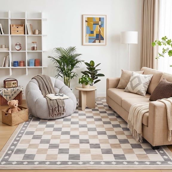 9x12 Area Rug, Washable Non-Slip Low-Pile, Geometric Checkered for Living Room, Beige
