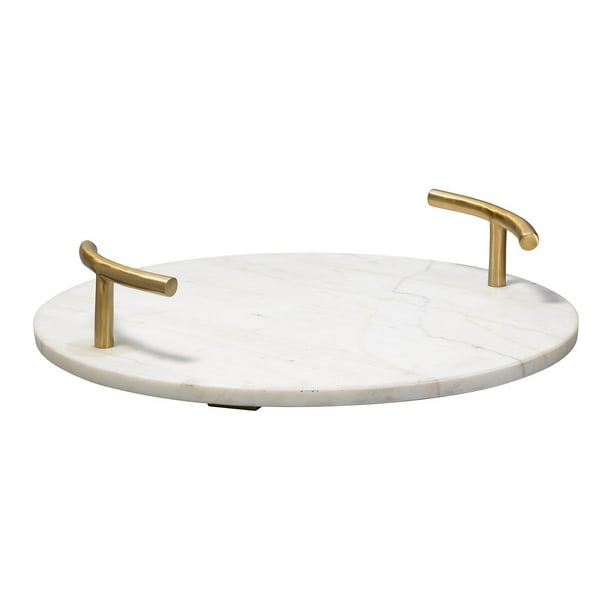 16" White Round Carter Marble Tray with Handle