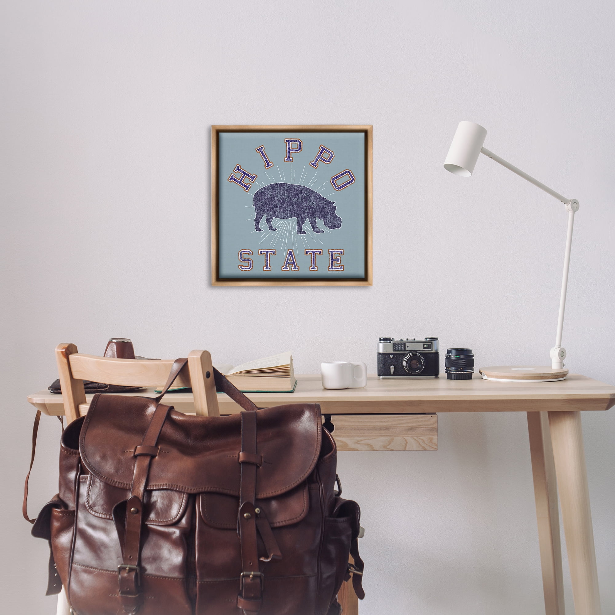 Stupell Industries Varsity Style Hippo State Novelty & Humor Painting Brown Floater Framed Canvas Art Print Wall Art, 25 x 25