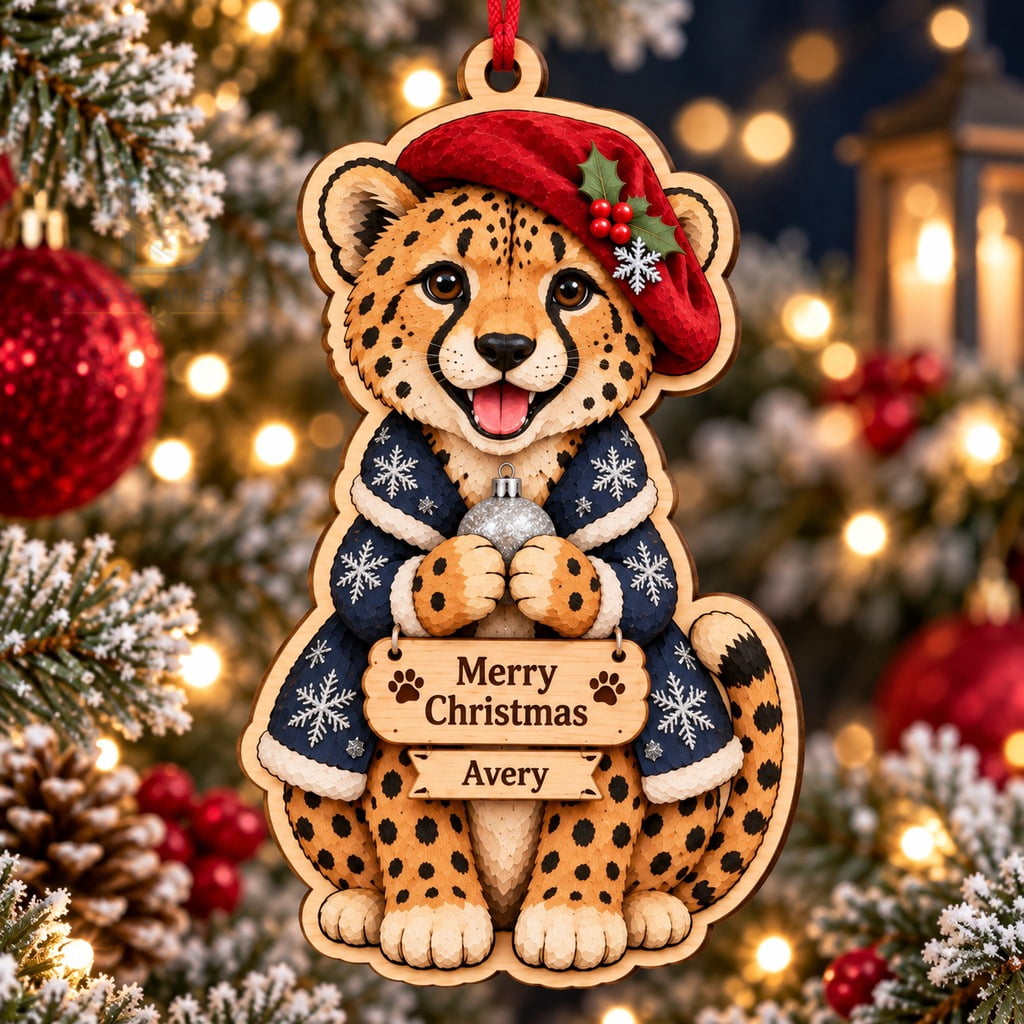 Personalized Wood Ornament Cheetah Snowflake Coat, Two Layer Tree ...
