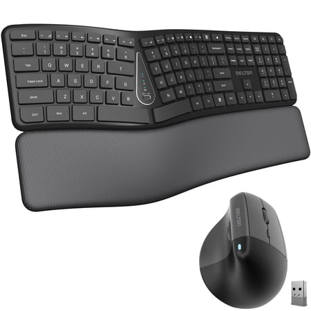 Delton S38 Ergonomic Wireless Keyboard and Mouse, Split Keyboard with Cushioned Wrist Rest and Optical Mouse, Compatible with Laptop, PC, Mac, and iOS, Black