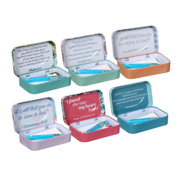 Set of 6 CLY Tin Prayer Boxes with Notepads and Pencils, 4x2.5 in