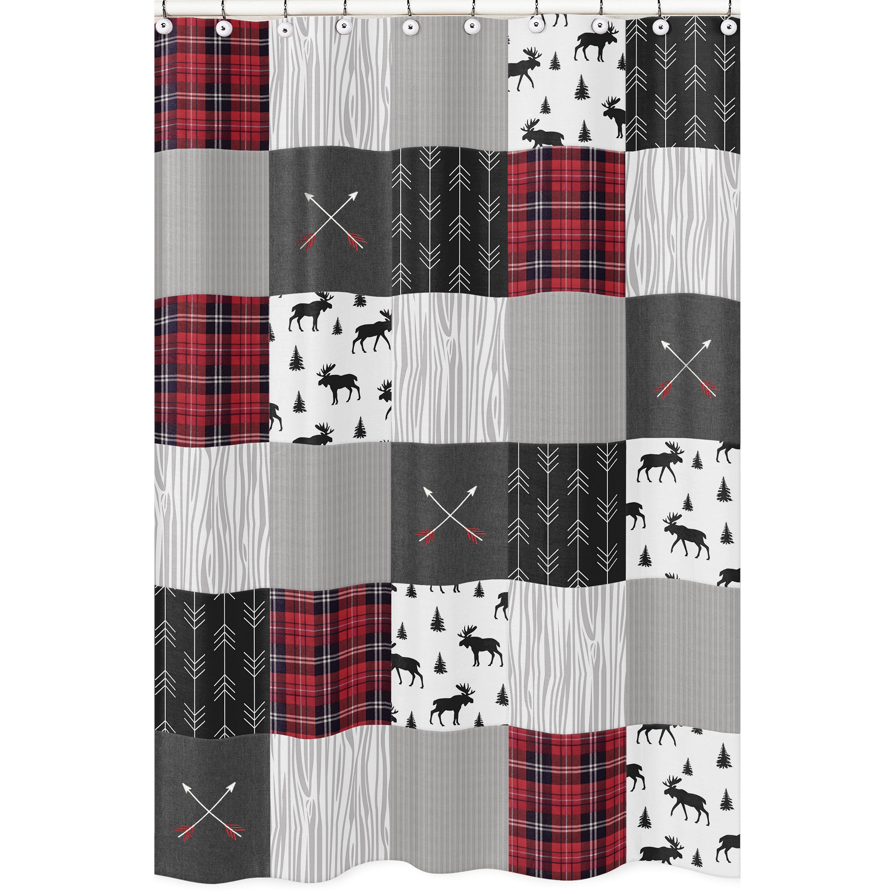 Moose with Black and Red Woodland Rustic Patch Plaid Fabric Shower Curtain 70 In 