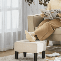 LEDREM Small Ottoman Foot Stool with Thick Cushion & Hidden Storage, Footrest with Sturdy Angled Legs for Living Room, Bedroom, Entryway, Cream White