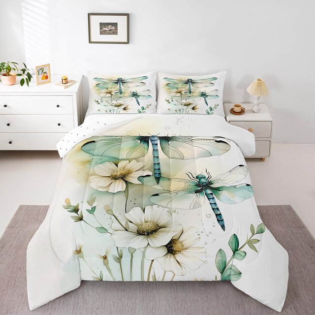 Erosebridal Cartoon Dragonfly Bedding Queen Comforter Set, Chic White Floral Down Comforter, Spring Garden Decor, Reversible 3-Piece, Reversible