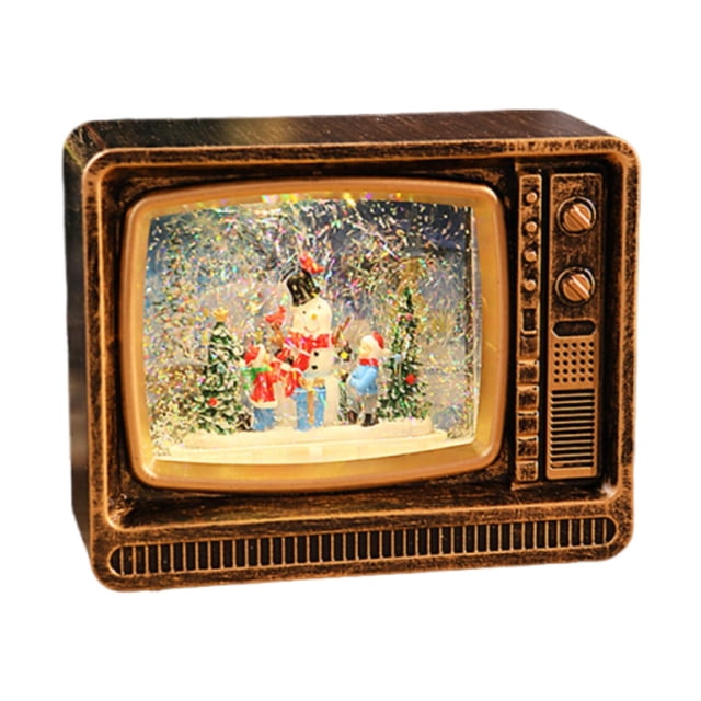 Globo de nieve navideño con forma de TV, linterna, caja de música iluminada para mesa de fiesta de Navidad Muñeco de nieve retro dorado