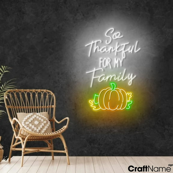 Craftnamesign So Thankful For My Family Neon Sign Wall Art, Thanksgiving LED Light Wall Decor