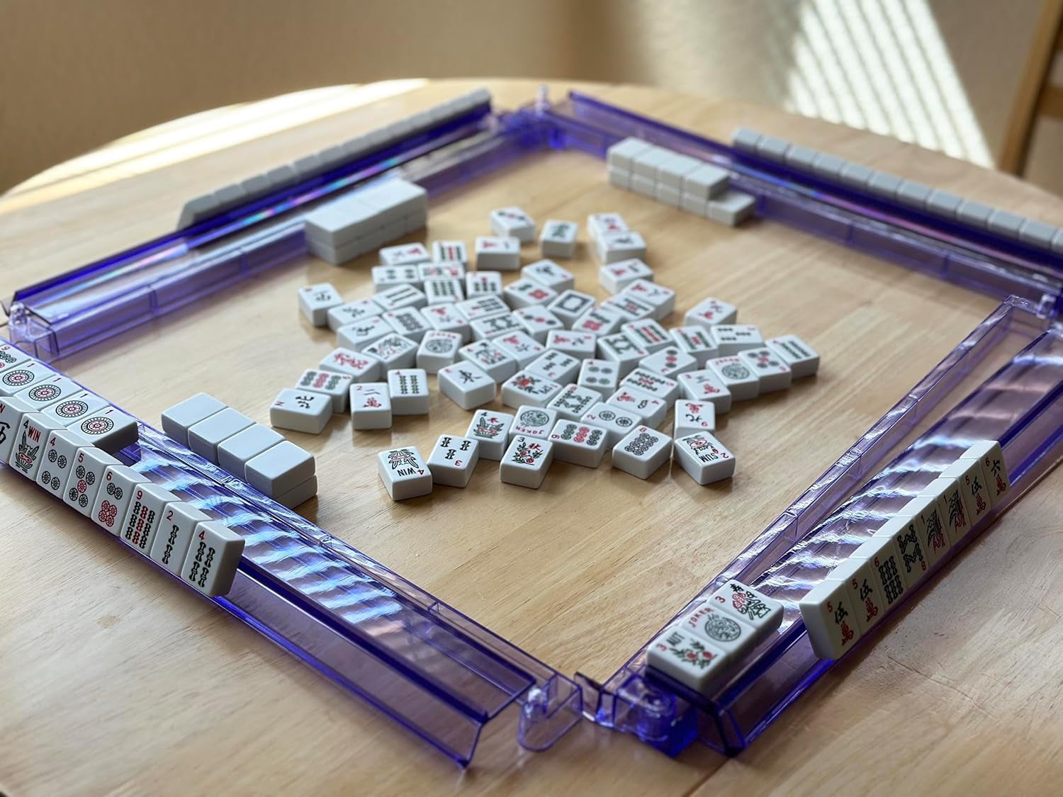 Set of 4 All in one Transparent Mahjong Rack & Pusher Acrylic Mah Jongg Rack Pusher 18" (Purple)