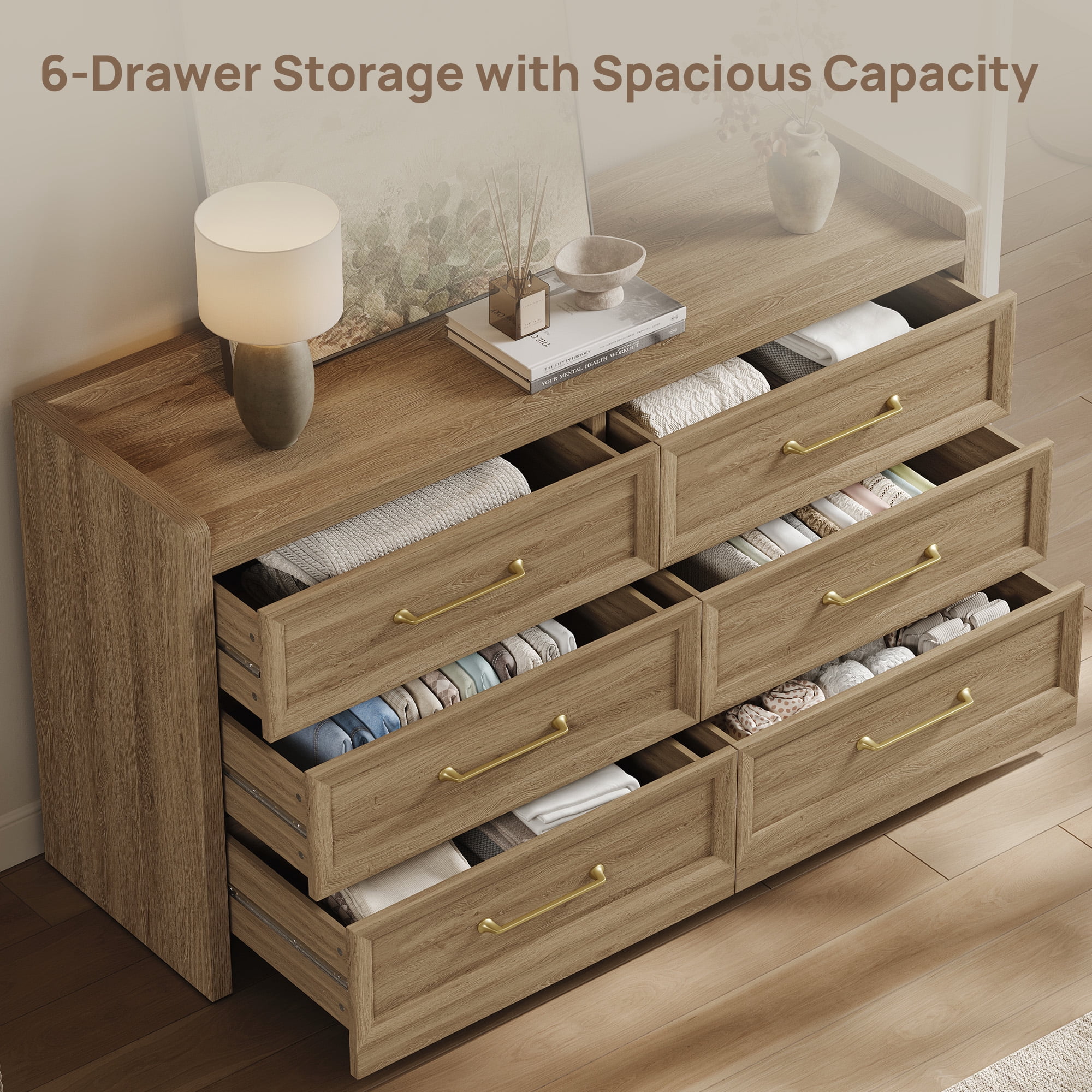 SICOTAS 56.4"W Farmhouse 6 Drawer Double Dresser, Long Chest of Drawers with Brass-tone Handles & Rolling Wheels, Wooden Dresser Storage Cabinet for Bedroom Living Room, Brown Oak