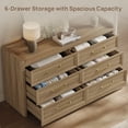 thumbnail image 3 of SICOTAS 56.4"W Farmhouse 6 Drawer Double Dresser, Long Chest of Drawers with Brass-tone Handles & Rolling Wheels, Wooden Dresser Storage Cabinet for Bedroom Living Room, Brown Oak, 3 of 9