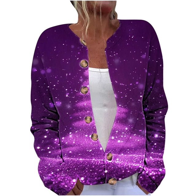 Lovzfmll Cardigan de Noël pour Femme, Veste Décontractée à Manches Longues Ajourée à Imprimé Violet, 2TG