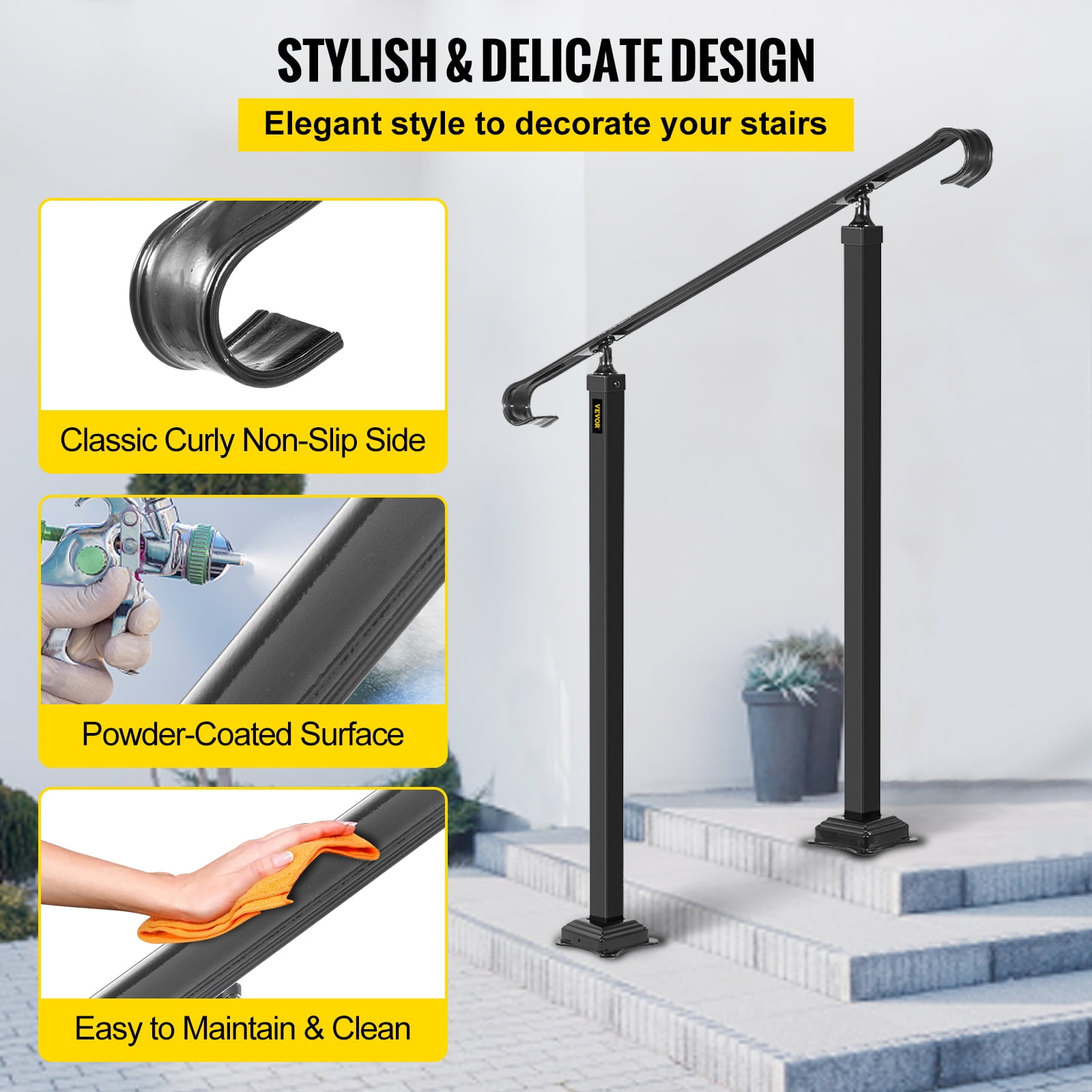 BENTISM Handrail for Stairs Fit 1 or 2 Steps Wrought Iron Handrail,Outdoor Stair Railing, Height Adjustable Front Porch Hand Rail, Black