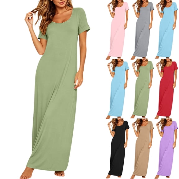 Women's U Square Neck Maxi Loungewear Dress Cuffed Short Sleeve Loose Casual Long Nightgown Soft Breathable Solid Color Beach Cover Up Dress for Summer Daily Wear
